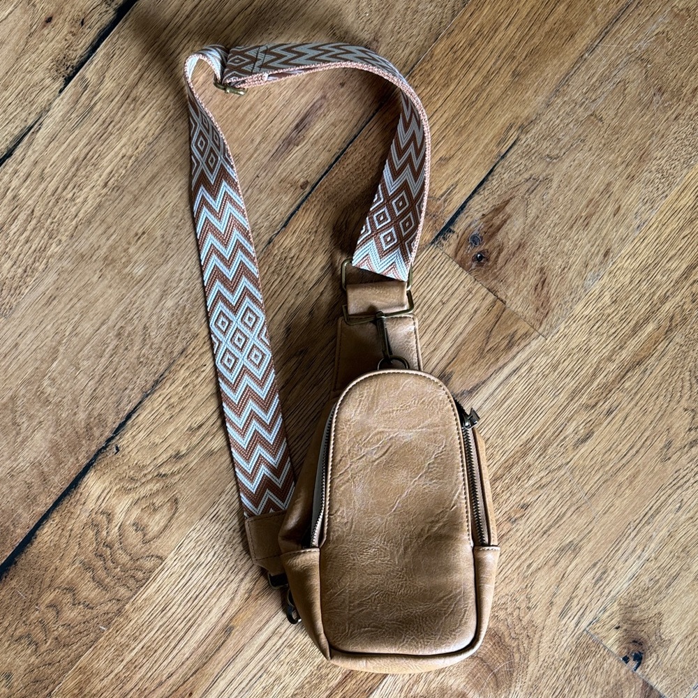 Tan Leather Crossbody Sling Bag with Patterned Strap